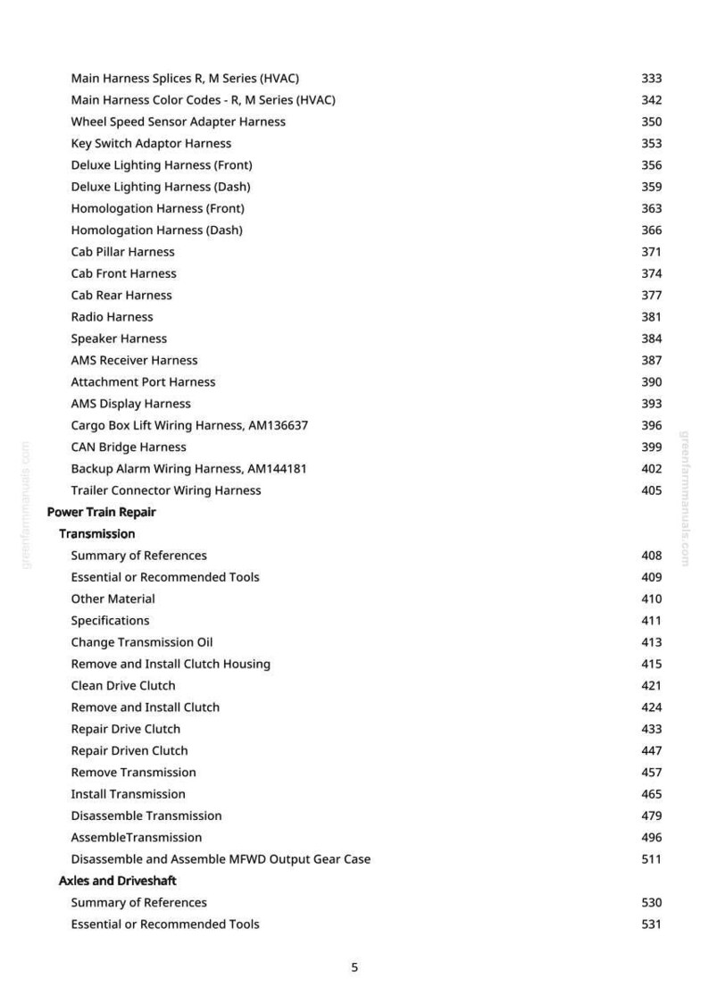 May include: A page from a manual with a list of automotive wiring harness names and related page numbers. The text includes terms like "Deluxe Lighting Harness," "Radio Harness," and "Transmission."