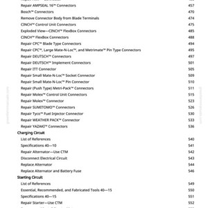 May include: A page from a manual with a list of repair procedures, including "Repair AMP Connector" and "Replace Alternator." The page includes a table of contents with page numbers and is from greenfarmmanuals.com.