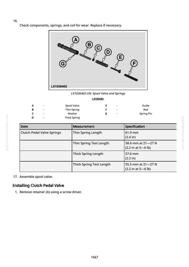 May include: Diagram of clutch pedal valve springs and related components, including a spool valve, thin spring, washer, thick spring, guide, rod, and spring pin. Measurements are provided in inches and pounds.