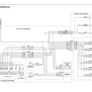 Pode incluir: Um diagrama de fia&ccedil;&atilde;o el&eacute;trica detalhado (5/5) em preto e branco, com r&oacute;tulos de texto e linhas, ilustrando os componentes e as conex&otilde;es de um sistema el&eacute;trico de um ve&iacute;culo.