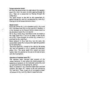 May include: Technical diagram of a transmission control valve, detailing torque converter and clutch circuits. Includes text and diagrams explaining the function of spools and oil pressure within the system.
