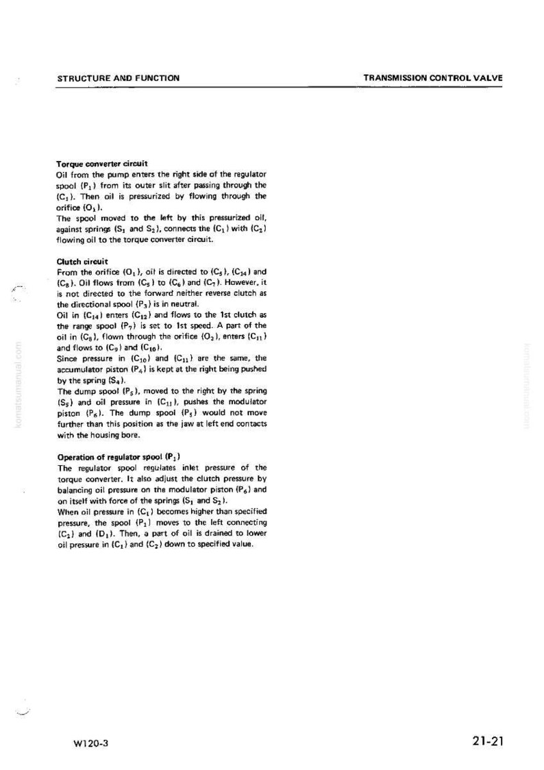 May include: Technical diagram of a transmission control valve, detailing torque converter and clutch circuits. Includes text and diagrams explaining the function of spools and oil pressure within the system.