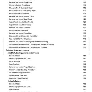 May include: A detailed table of contents from a manual, listing procedures for machinery maintenance and repair. Topics include track components, axles, suspension systems, and hydraulic systems. Page numbers are listed on the right.
