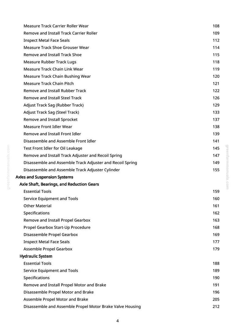 May include: A detailed table of contents from a manual, listing procedures for machinery maintenance and repair. Topics include track components, axles, suspension systems, and hydraulic systems. Page numbers are listed on the right.