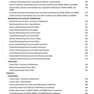 May include: A detailed page from a manual, listing various procedures for a mower-conditioner. The text includes instructions for gear case, windrowing drums, power shaft, and control valve components. The page number is visible at the bottom.