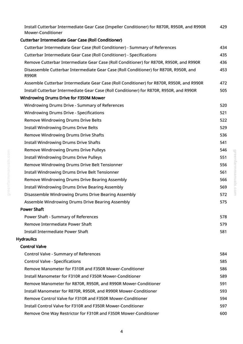 May include: A detailed page from a manual, listing various procedures for a mower-conditioner. The text includes instructions for gear case, windrowing drums, power shaft, and control valve components. The page number is visible at the bottom.