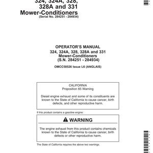 May include: A white document with black text, including the words "OPERATOR'S MANUAL" and "Mower-Conditioners." It also features a California Proposition 65 warning about diesel engine exhaust.