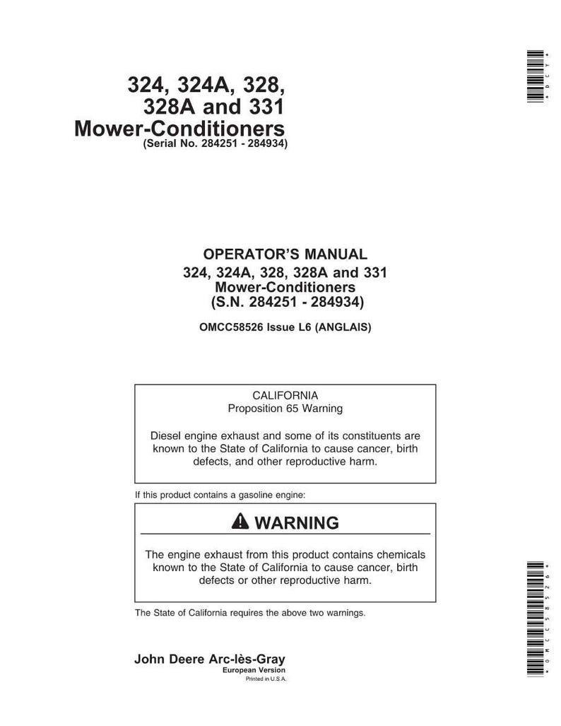 May include: A white document with black text, including the words "OPERATOR'S MANUAL" and "Mower-Conditioners." It also features a California Proposition 65 warning about diesel engine exhaust.
