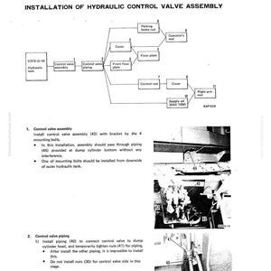 May include: Diagram of hydraulic control valve assembly installation, with labels for components like the control valve, piping, and floor plate. Includes text instructions and part numbers for assembly.