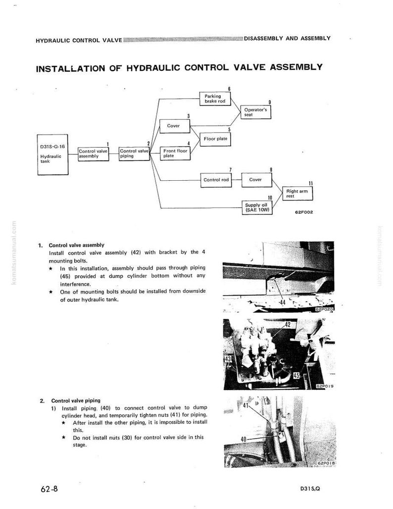 May include: Diagram of hydraulic control valve assembly installation, with labels for components like the control valve, piping, and floor plate. Includes text instructions and part numbers for assembly.