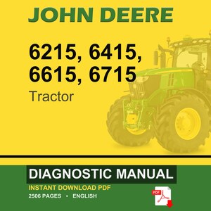 May include: A John Deere tractor diagnostic manual cover. The image features a green and yellow tractor on a yellow background. Text includes "JOHN DEERE", tractor model numbers, and "DIAGNOSTIC MANUAL". The manual is an instant download PDF.