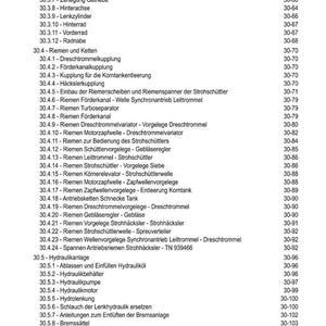 May include: A detailed table of contents in German, listing various components and systems, such as drives, axles, and hydraulic systems. The text is organized with numbered sections and page numbers, providing a comprehensive overview.