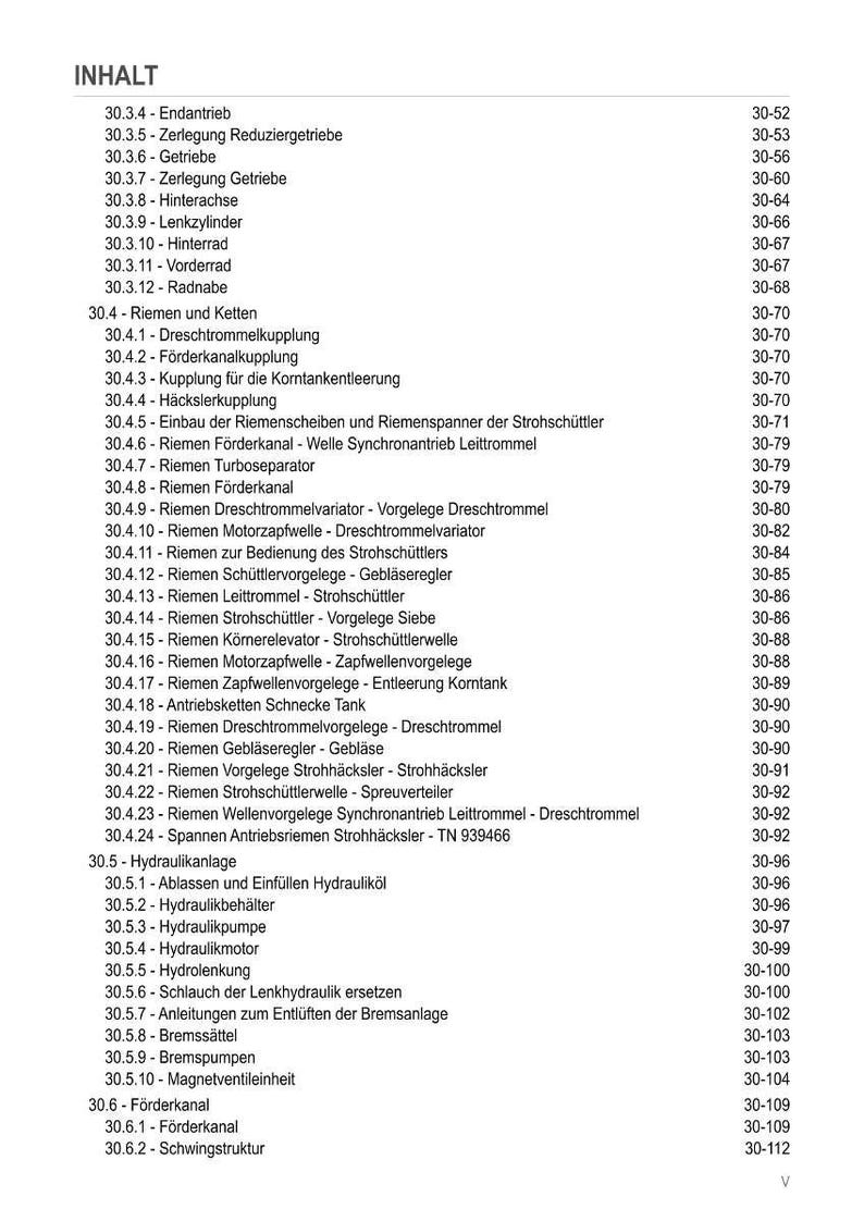 May include: A detailed table of contents in German, listing various components and systems, such as drives, axles, and hydraulic systems. The text is organized with numbered sections and page numbers, providing a comprehensive overview.