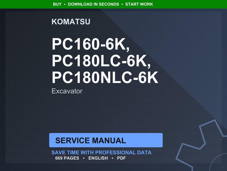 May include: Dark blue digital document cover with the Komatsu logo and excavator model numbers PC160-6K, PC180LC-6K, and PC180NLC-6K. The text "Service Manual" is displayed, along with details about the document's content and format.