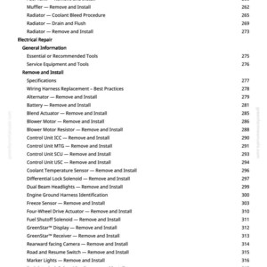 May include: A manual page detailing automotive repair procedures. It lists "Remove and Install" instructions for components such as the fuel tank, radiator, and headlights, alongside page numbers. The text is in black.