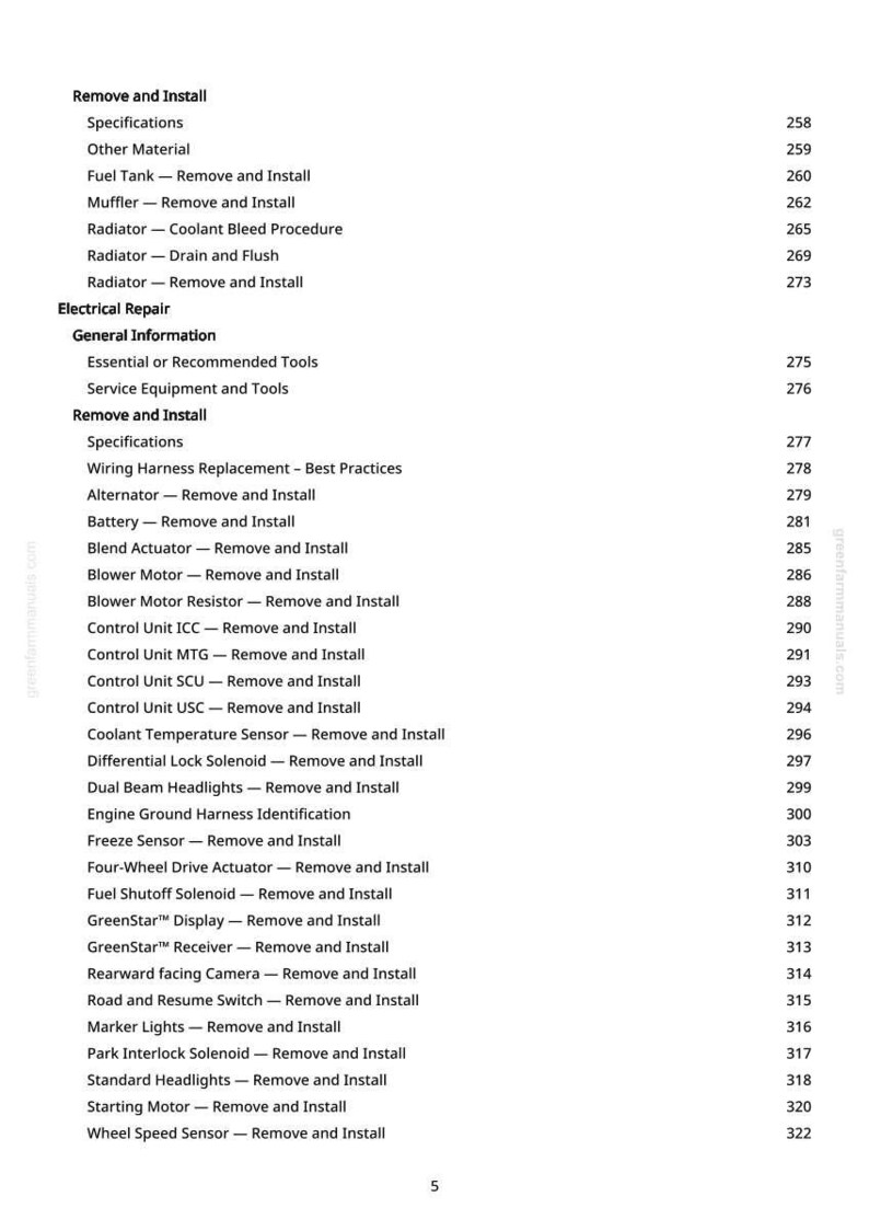 May include: A manual page detailing automotive repair procedures. It lists "Remove and Install" instructions for components such as the fuel tank, radiator, and headlights, alongside page numbers. The text is in black.