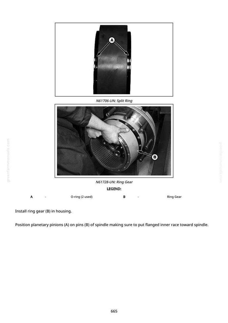 May include: Diagram of mechanical components, including a split ring and ring gear. The image shows detailed views with labels and instructions for assembly. Text includes part numbers and assembly steps.