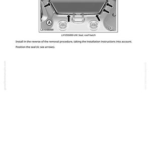 May include: Diagram of a car roof hatch seal installation. The image shows the seal and the arrows indicating the correct positioning. The text reads "LX1055000-UN: Seal, roof hatch".