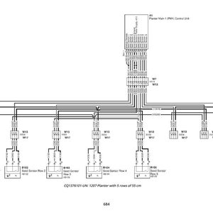 May include: Diagram of a planter's electrical system, featuring a control unit and seed sensors. The diagram includes text labels and wiring connections, with a note indicating a 1207 planter with 5 rows of 55 cm.