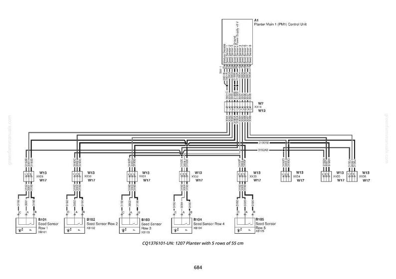 May include: Diagram of a planter's electrical system, featuring a control unit and seed sensors. The diagram includes text labels and wiring connections, with a note indicating a 1207 planter with 5 rows of 55 cm.