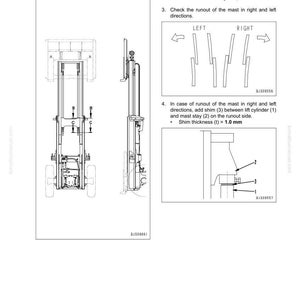May include: Diagram of a forklift mast adjustment procedure. The image includes illustrations of the mast, runout, and shim placement, with text instructions. The text includes "Adjustment of mast" and "Shim thickness (t) = 1.0 mm".