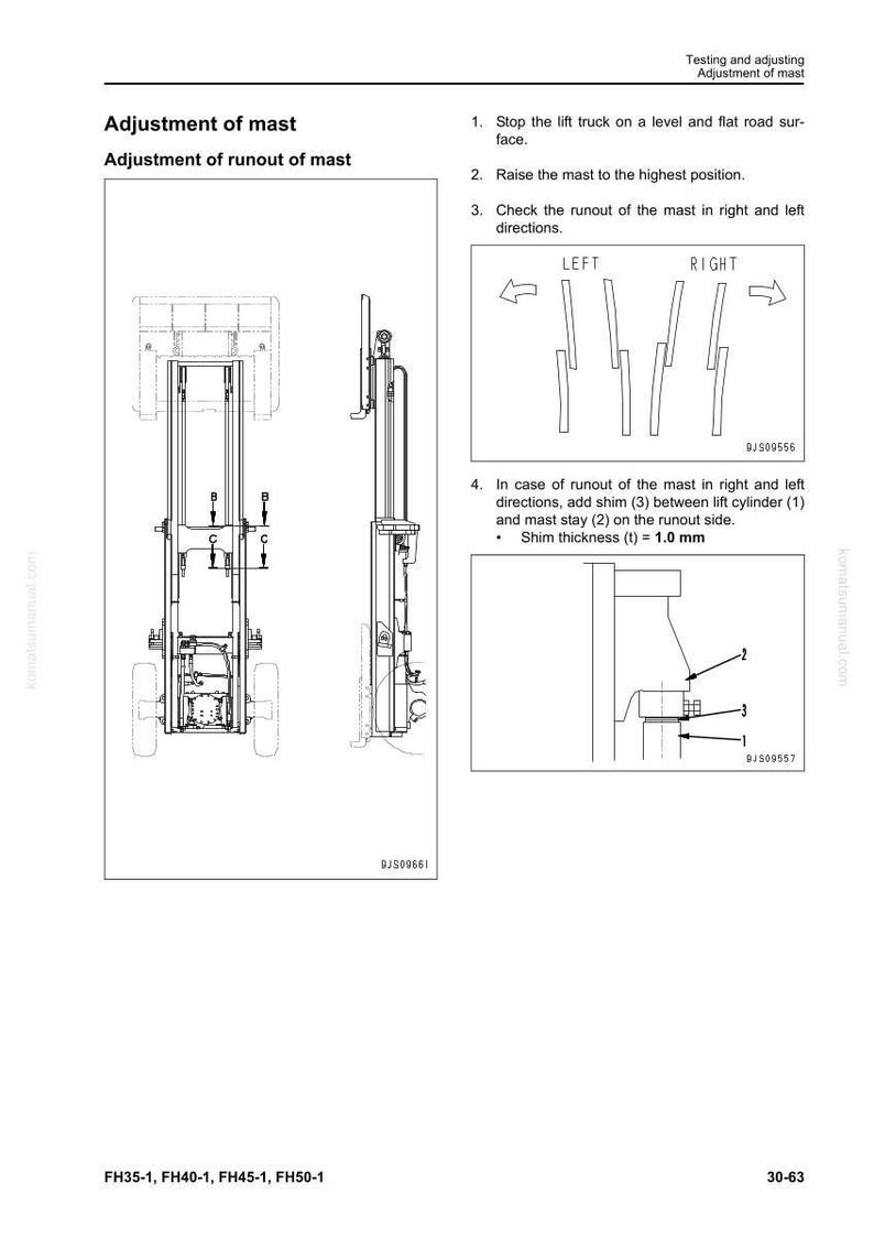 May include: Diagram of a forklift mast adjustment procedure. The image includes illustrations of the mast, runout, and shim placement, with text instructions. The text includes "Adjustment of mast" and "Shim thickness (t) = 1.0 mm".