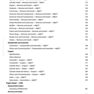 May include: A detailed table of contents from a manual, listing engine repair procedures. The text includes sections on removing and installing various engine components, such as the camshaft, cylinder head, and valves. Page numbers are listed.