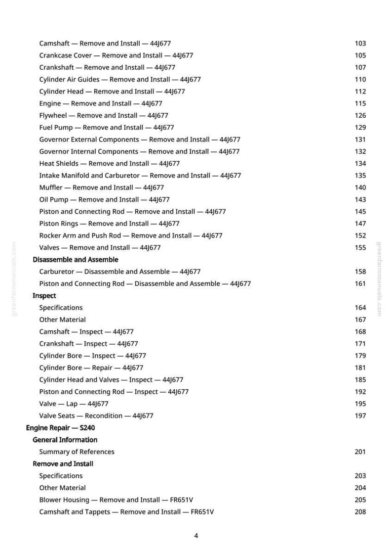 May include: A detailed table of contents from a manual, listing engine repair procedures. The text includes sections on removing and installing various engine components, such as the camshaft, cylinder head, and valves. Page numbers are listed.