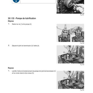 May include: Technical diagram with instructions for engine maintenance. The image shows steps for removing and installing parts, including a pump and transmission joint. Text in French provides detailed guidance for the process.