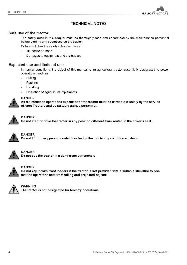 May include: A white document with black text detailing technical notes and safety information for Argo Tractors. Includes warnings about tractor operation and maintenance, with a logo in the top right corner.