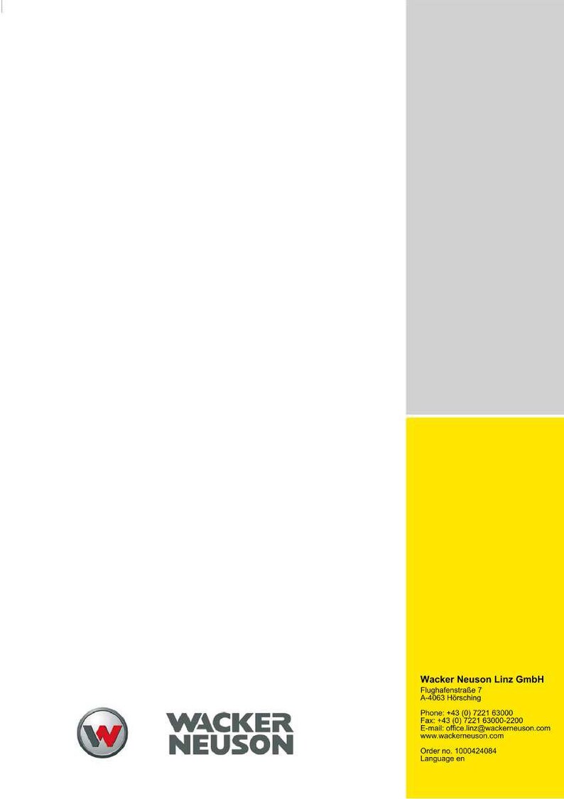 Pu&ograve; includere: Sfondo bianco con una striscia verticale grigia e un rettangolo giallo. Il logo Wacker Neuson &egrave; in basso a sinistra, con le informazioni aziendali nel rettangolo giallo.