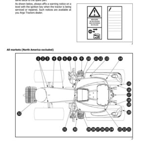 Op de afbeelding: Diagram van een tractor met genummerde onderdelen, inclusief wielen, motoronderdelen en een cabine. De afbeelding bevat veiligheidswaarschuwingssymbolen en tekst in het Nederlands, met de tekst "DANGER SIGNS" bovenaan.