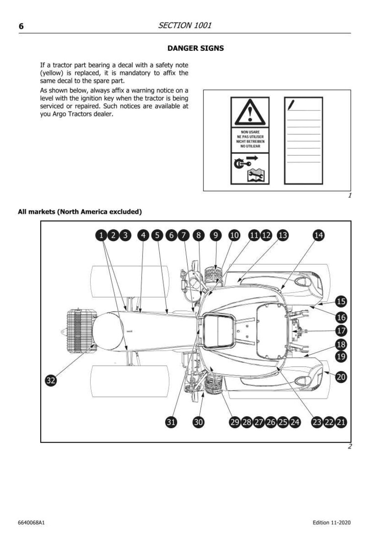 Op de afbeelding: Diagram van een tractor met genummerde onderdelen, inclusief wielen, motoronderdelen en een cabine. De afbeelding bevat veiligheidswaarschuwingssymbolen en tekst in het Nederlands, met de tekst "DANGER SIGNS" bovenaan.