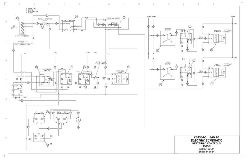 以下が含まれることがあります： 「Electric Schematic Heateriac Controls 930E-3」と題された、暖房制御用の詳細な白黒電気系統図。図には、電気部品と接続を表すさまざまな記号と線が含まれています。シート番号は34/34です。