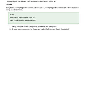 May include: White document with the title "Cannot Program the WDS with Service ADVISOR". The document provides troubleshooting steps for a Wireless Data Server (WDS) with Service ADVISOR, including software version checks.