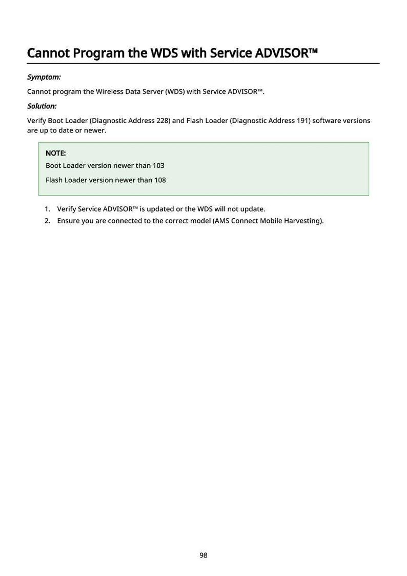 May include: White document with the title "Cannot Program the WDS with Service ADVISOR". The document provides troubleshooting steps for a Wireless Data Server (WDS) with Service ADVISOR, including software version checks.