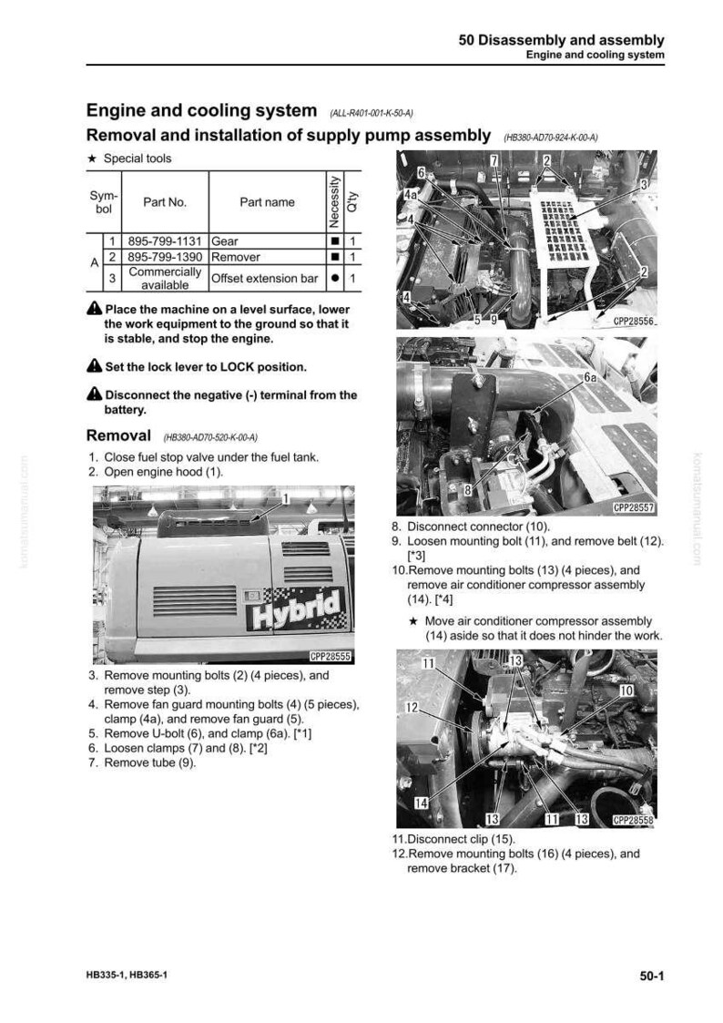 May include: Diagram showing engine and cooling system disassembly and assembly, focusing on the removal and installation of a supply pump assembly. Includes part numbers, part names, and instructions with illustrations.