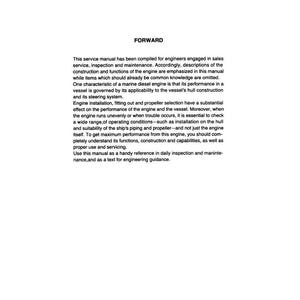 Op de afbeelding: Een witte pagina met zwarte tekst. Het woord "FORWARD" staat bovenaan. De tekst beschrijft een servicehandleiding voor ingenieurs, gericht op motorconstructie, onderhoud en prestaties in schepen.