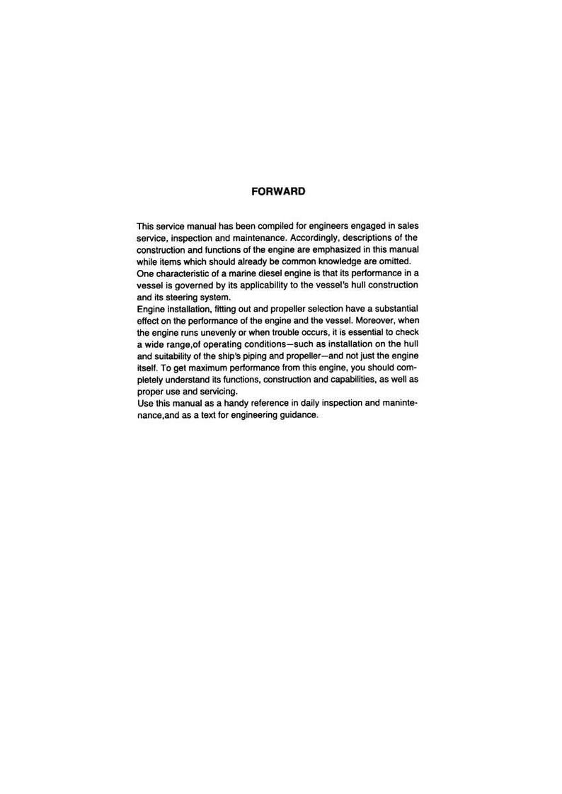Op de afbeelding: Een witte pagina met zwarte tekst. Het woord "FORWARD" staat bovenaan. De tekst beschrijft een servicehandleiding voor ingenieurs, gericht op motorconstructie, onderhoud en prestaties in schepen.