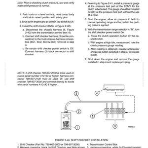 K&ouml;nnte beinhalten: Diagramm zum Einbau eines Schichtpr&uuml;fers mit beschrifteten Komponenten, einschlie&szlig;lich Schichtpr&uuml;fer, Kabelbaumanschl&uuml;ssen und Getriebesteuerbox. Text liefert Anweisungen zur Kupplungsdruckpr&uuml;fung und -einstellung.