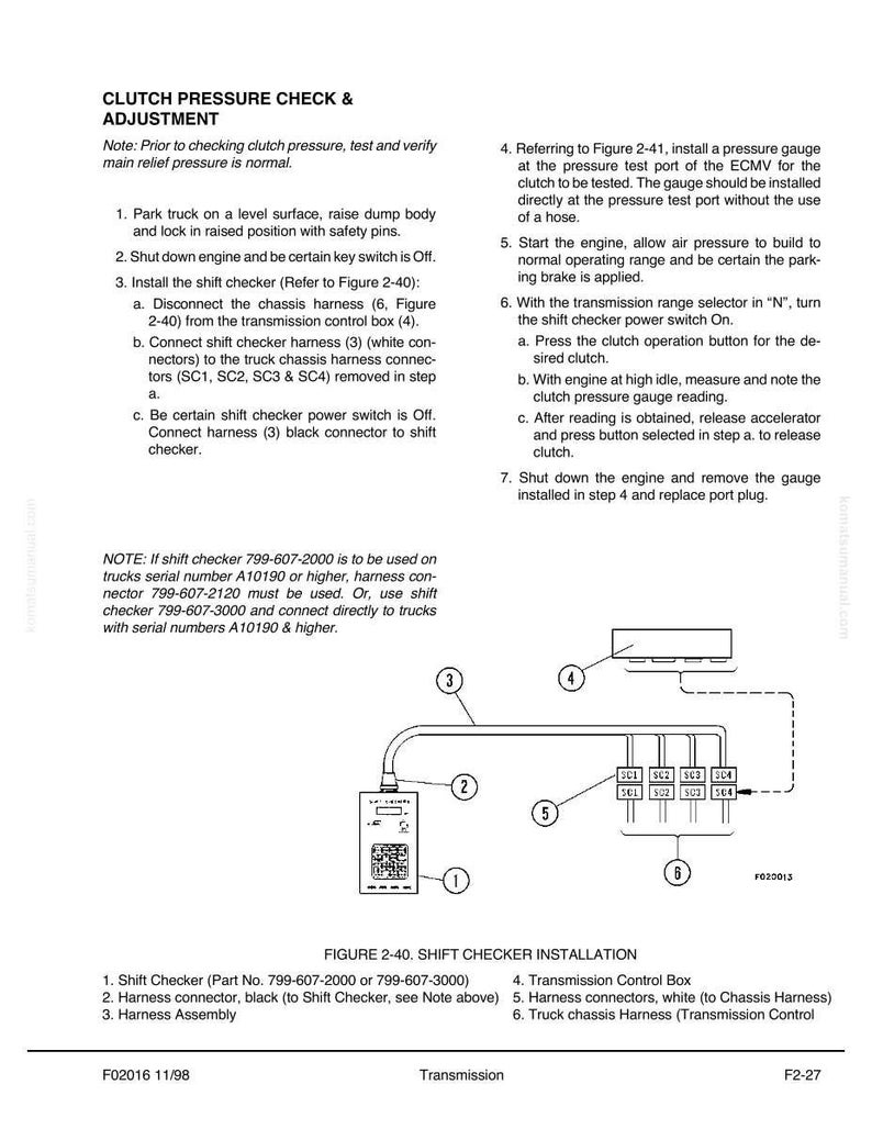 K&ouml;nnte beinhalten: Diagramm zum Einbau eines Schichtpr&uuml;fers mit beschrifteten Komponenten, einschlie&szlig;lich Schichtpr&uuml;fer, Kabelbaumanschl&uuml;ssen und Getriebesteuerbox. Text liefert Anweisungen zur Kupplungsdruckpr&uuml;fung und -einstellung.