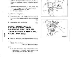 K&ouml;nnte beinhalten: Diagramm aus einem Handbuch, das den Aus- und Einbau einer PPC-Ventilbaugruppe f&uuml;r Arbeitsger&auml;te detailliert. Enth&auml;lt nummerierte Schritte, Illustrationen und Drehmomentangaben in Newtonmetern und Kilogrammmetern.