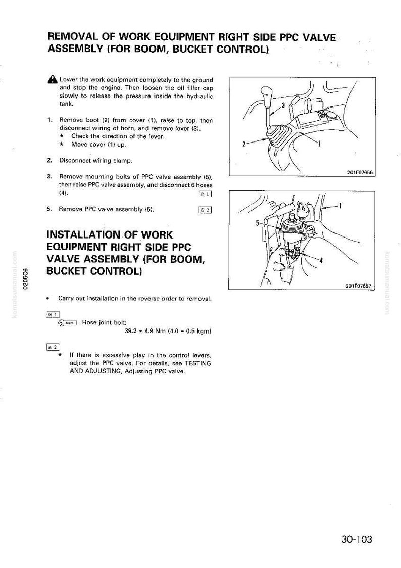 K&ouml;nnte beinhalten: Diagramm aus einem Handbuch, das den Aus- und Einbau einer PPC-Ventilbaugruppe f&uuml;r Arbeitsger&auml;te detailliert. Enth&auml;lt nummerierte Schritte, Illustrationen und Drehmomentangaben in Newtonmetern und Kilogrammmetern.