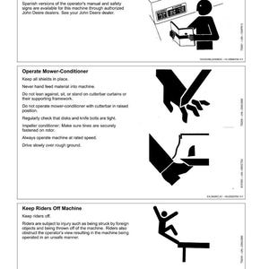 May include: A page from a safety manual with text and diagrams. The text provides safety instructions for operating machinery, including warnings about the mower-conditioner and keeping riders safe. The diagrams illustrate safety actions.