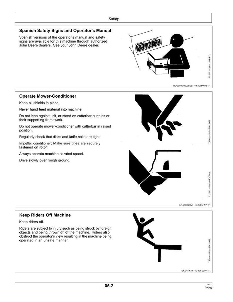 May include: A page from a safety manual with text and diagrams. The text provides safety instructions for operating machinery, including warnings about the mower-conditioner and keeping riders safe. The diagrams illustrate safety actions.