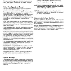 Puede incluir: Un manual blanco titulado "Introducci&oacute;n" para un producto John Deere. El manual incluye advertencias de seguridad, instrucciones e informaci&oacute;n sobre accesorios. El texto incluye "Gracias por comprar un producto John Deere".