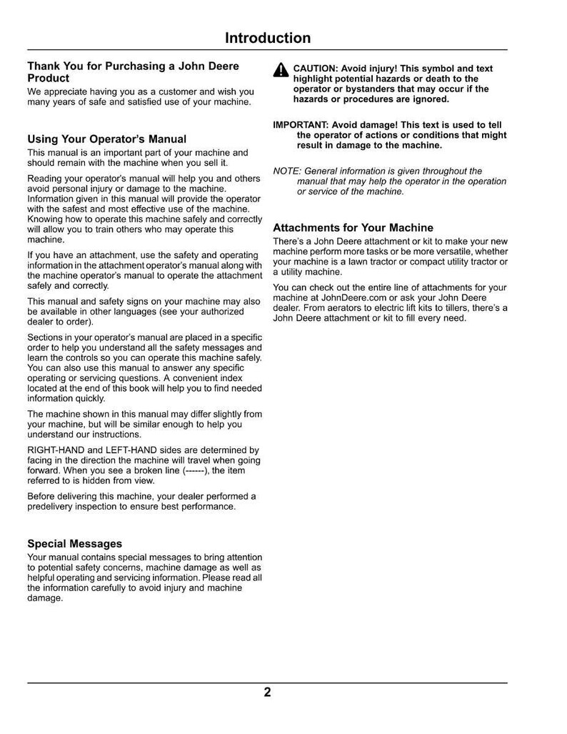 Puede incluir: Un manual blanco titulado "Introducci&oacute;n" para un producto John Deere. El manual incluye advertencias de seguridad, instrucciones e informaci&oacute;n sobre accesorios. El texto incluye "Gracias por comprar un producto John Deere".