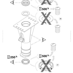 May include: An exploded diagram of mechanical components, including a central cylindrical structure with a square top and circular openings. Various circular seals and components are shown, with crossed-out elements and time indicators.