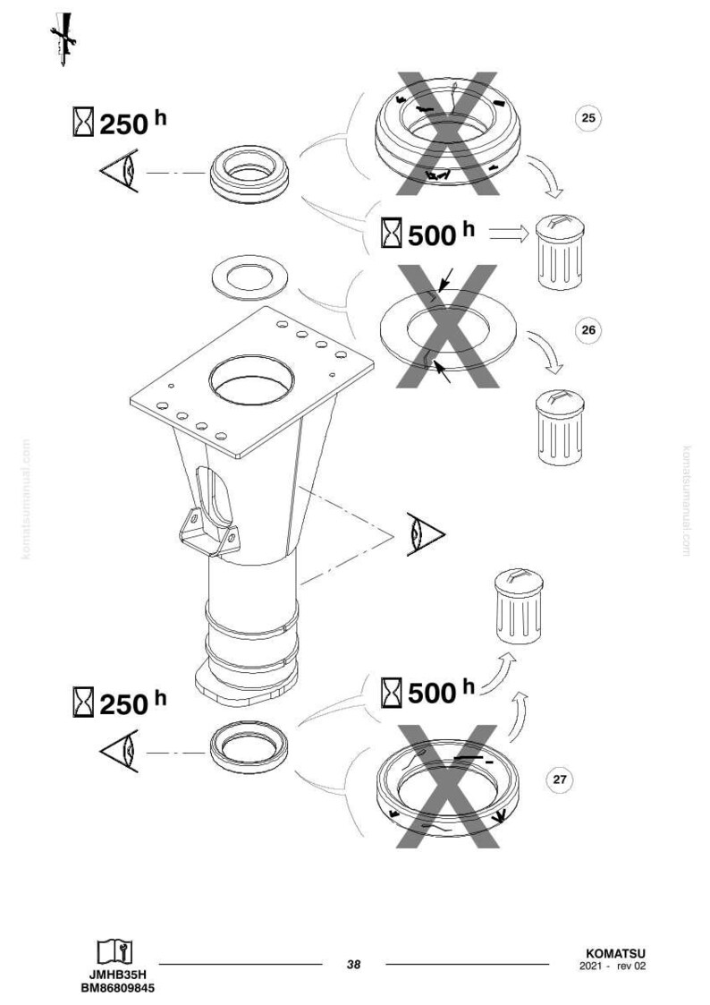 May include: An exploded diagram of mechanical components, including a central cylindrical structure with a square top and circular openings. Various circular seals and components are shown, with crossed-out elements and time indicators.