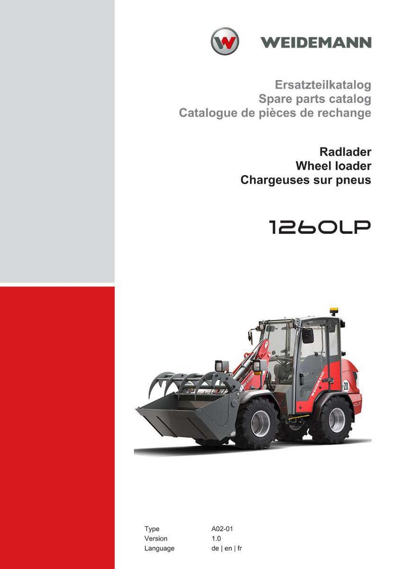 May include: A brochure for Weidemann wheel loaders. The cover features the Weidemann logo and the text "Ersatzteilkatalog, Spare parts catalog, Catalogue de pi&egrave;ces de rechange". A red and gray wheel loader is shown on the bottom half of the page.